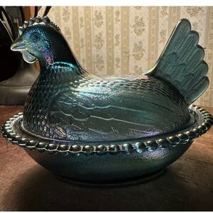 VTG Indiana Carnival Depression Glass Blue Iridescent Hen-on-Nest Chicken #2891